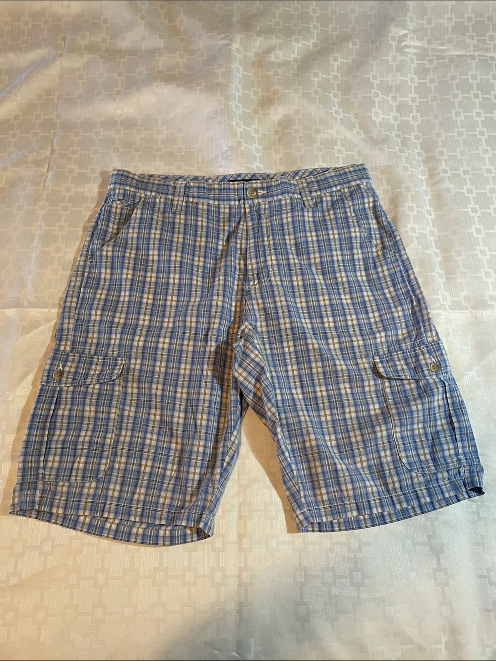 Men's Blue Plaid Cargo Shorts - Lightweight Everyday Comfort, Size: 36